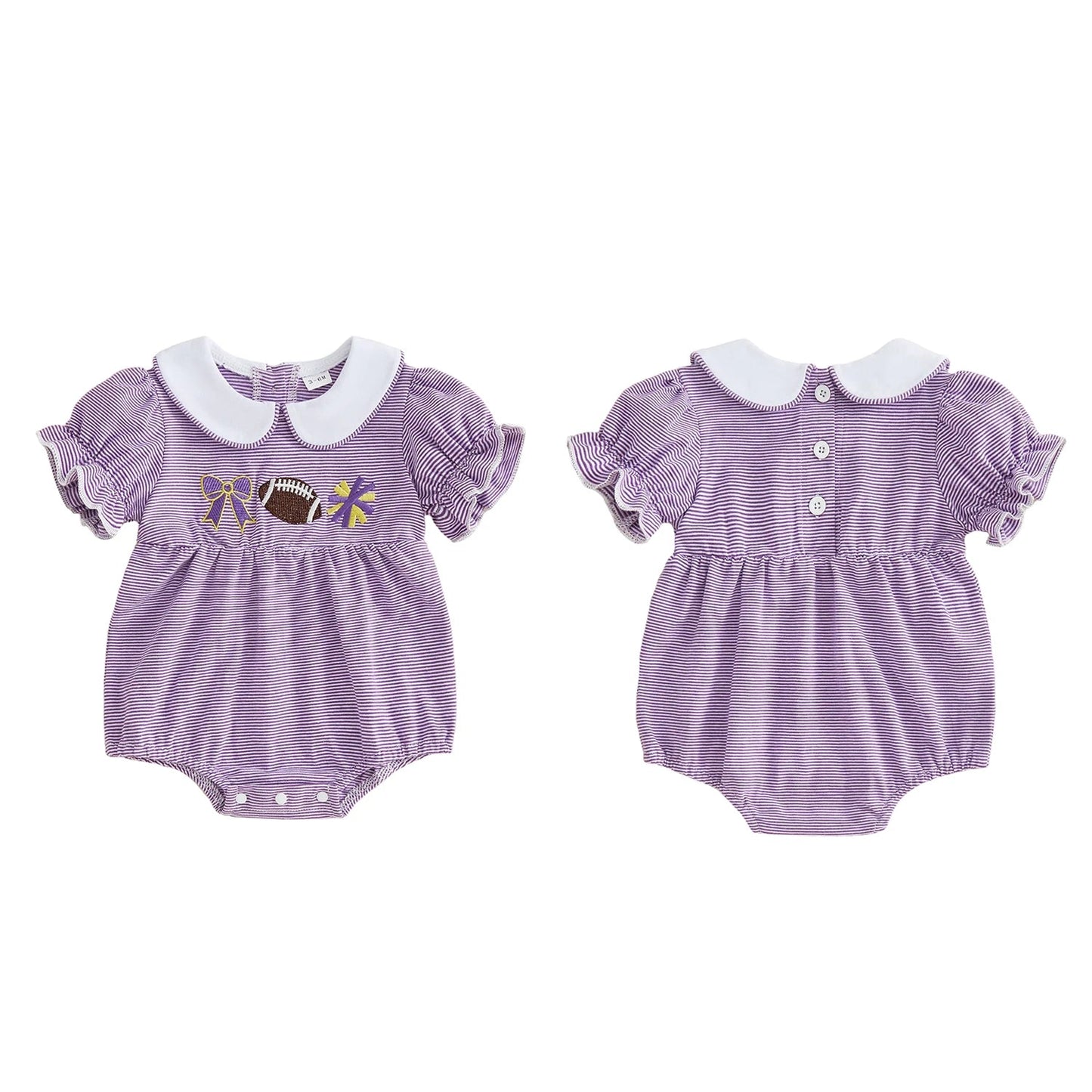 Side-by-side view showing the front and back of the purple and white striped baby girl football romper, highlighting the back button closure and ruffle sleeve details.