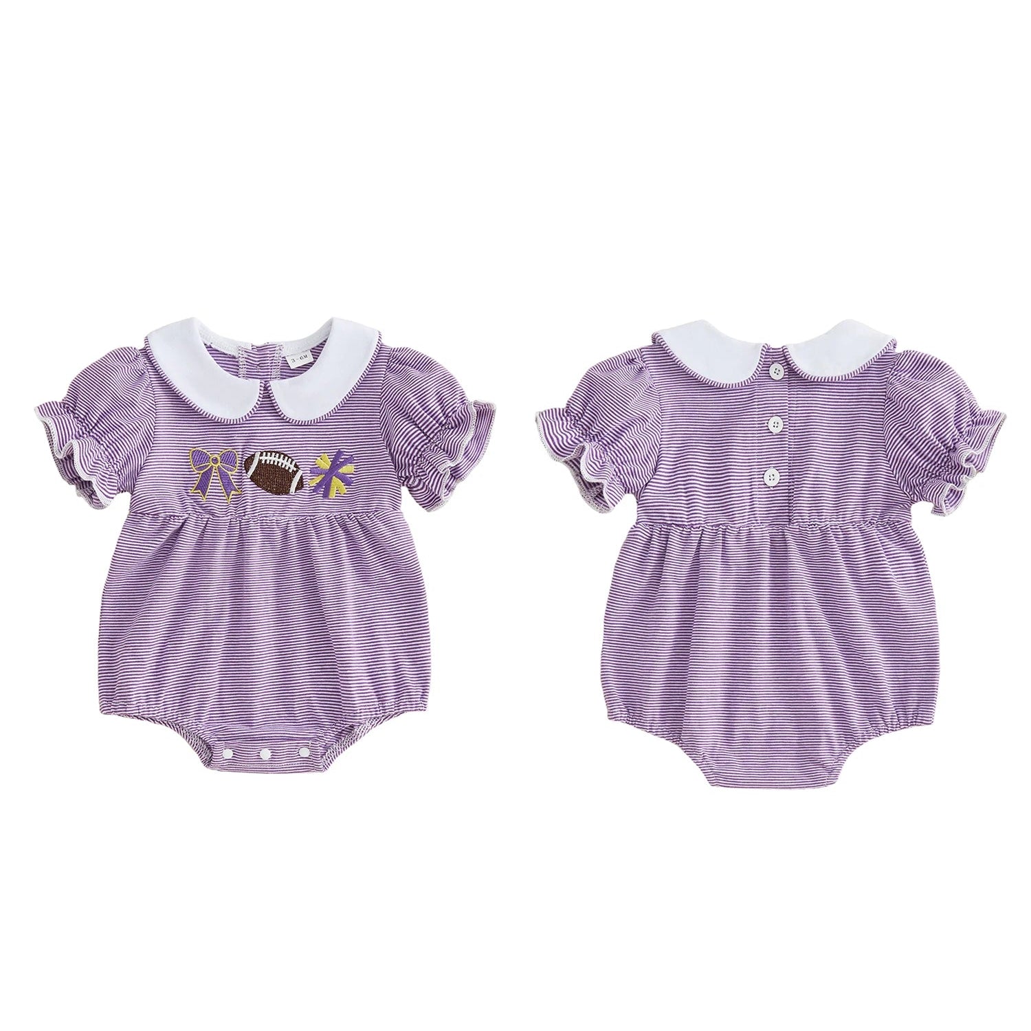 Side-by-side view showing the front and back of the purple and white striped baby girl football romper, highlighting the back button closure and ruffle sleeve details.