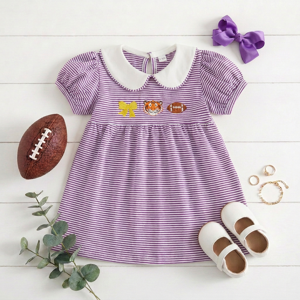 Flat lay of the toddler girls purple and white striped game day dress featuring tiger and football embroidery, styled on a white wooden surface with white toddler shoes, a purple hair bow, a football, and greenery.