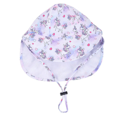 Back view of a purple watercolor unicorn print toddler girls sun hat showing the full coverage of the extended neck flap.
