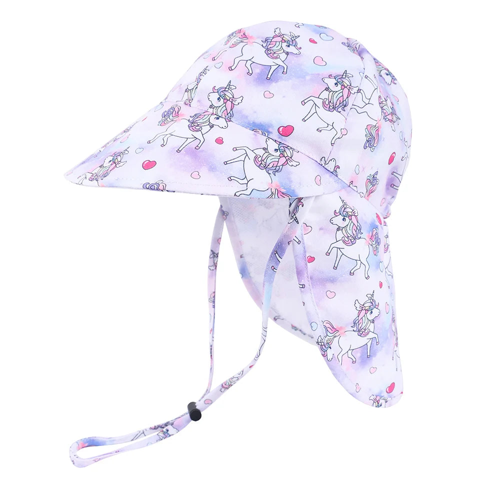 Purple watercolor unicorn print toddler girls sun hat featuring a wide front brim, neck flap, and adjustable chin strap on a white background.