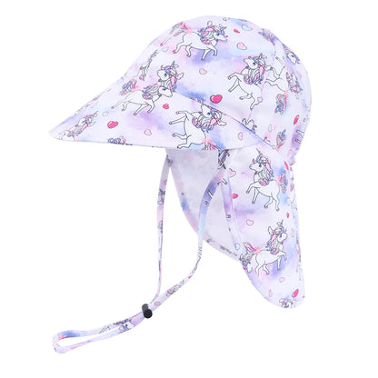 Purple watercolor unicorn print toddler girls sun hat featuring a wide front brim, neck flap, and adjustable chin strap on a white background.