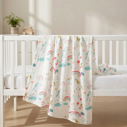 A large bamboo cotton muslin baby swaddle blanket featuring a pastel rainbow unicorn print, draped over a white nursery crib.