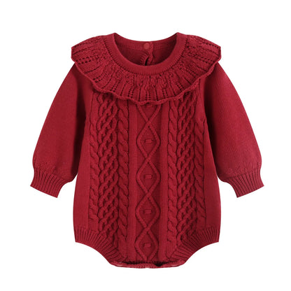 Holiday red long sleeve cable knit ruffle collar sweater romper for baby girls.