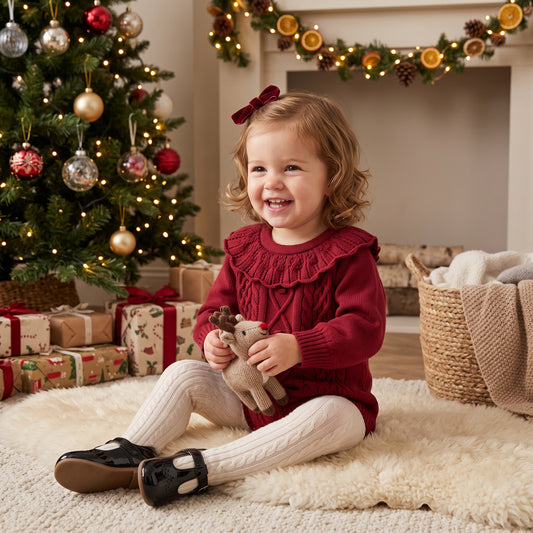 Toddler girl sitting near a Christmas tree wearing a red cable knit ruffle romper and white tights.