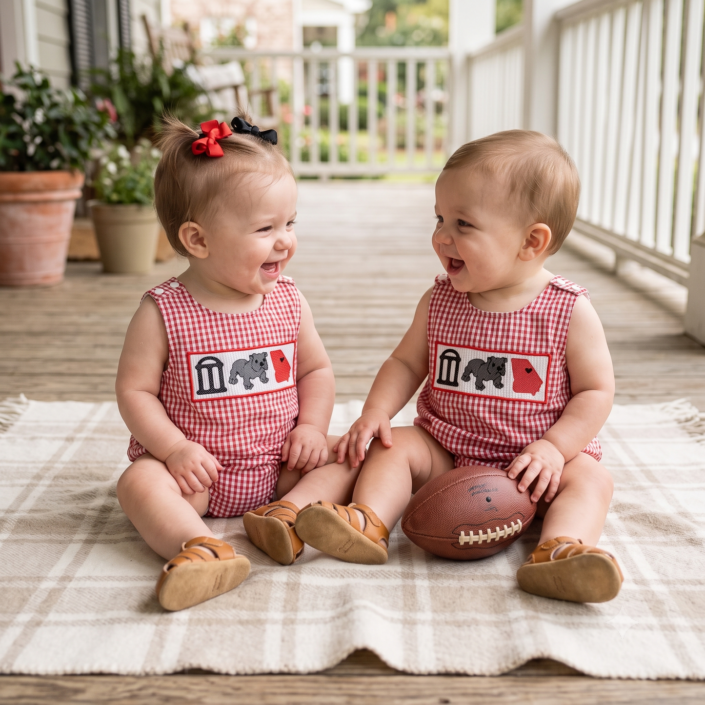 Kidsely baby boy and girl wearing red and black gingham smocked game day rompers with embroidered bulldog state motif styled for tailgating