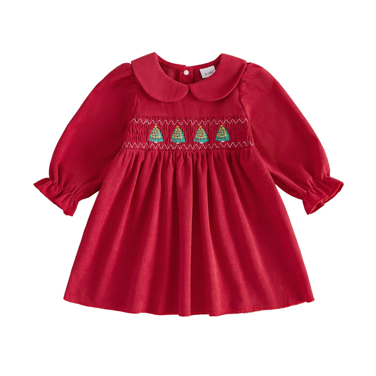 Red corduroy baby and toddler girl Christmas dress with long sleeves and smocked tree embroidery.
