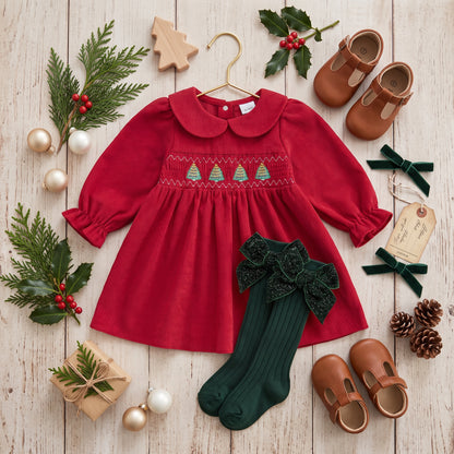 Flat lay of red corduroy smocked Christmas dress styled with green socks, shoes, and holiday ornaments.