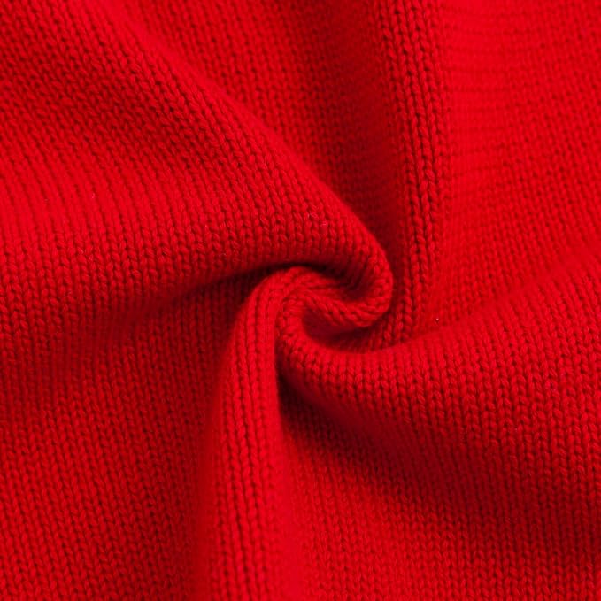 Close up texture detail of the soft, rich red cotton knit fabric used for the baby and toddler cardigan.