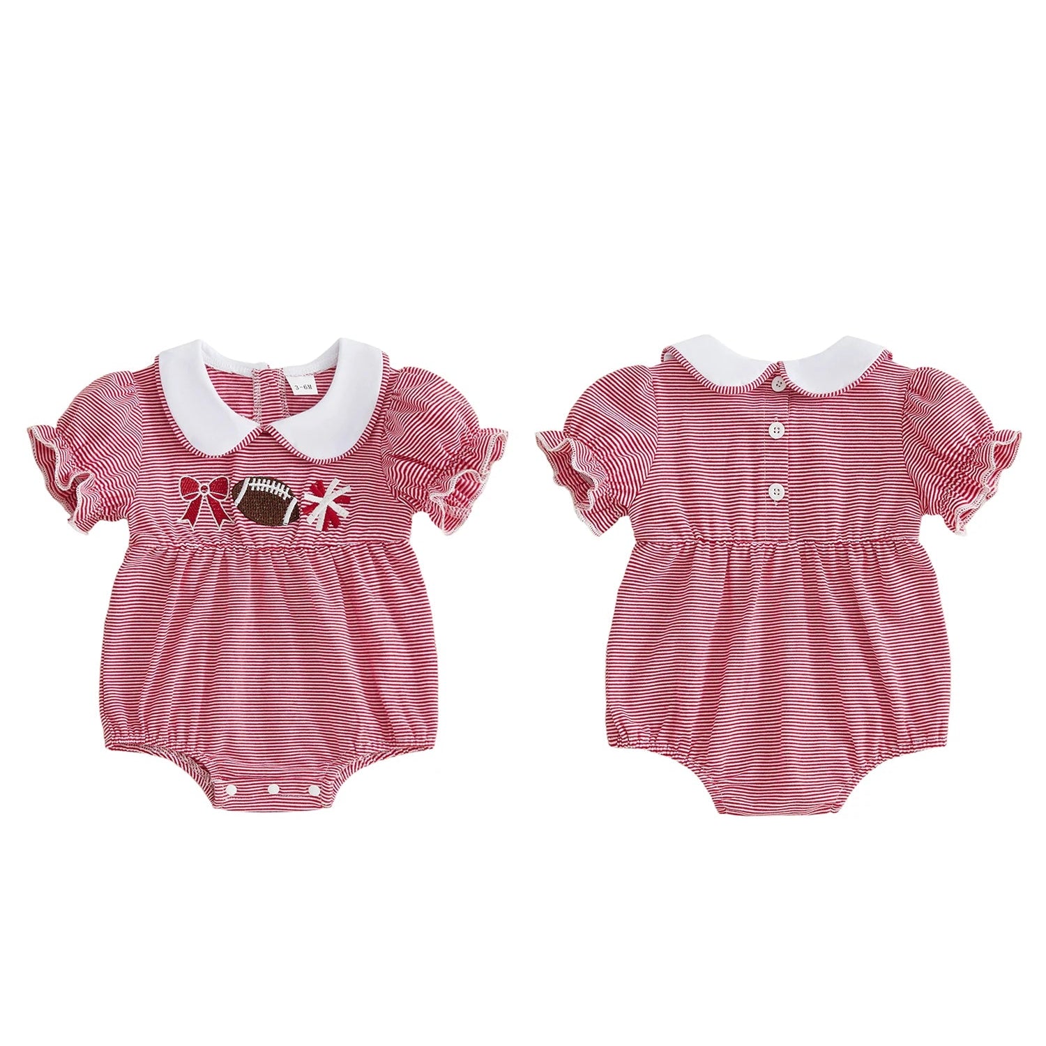 Front view of the red and white striped baby girl football romper highlighting the bottom snap closures, ruffled short sleeves, and classic white Peter Pan collar.