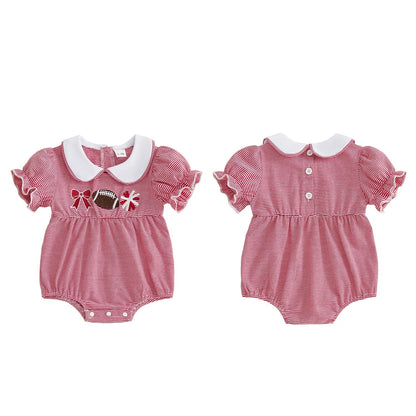 Front view of the red and white striped baby girl football romper highlighting the bottom snap closures, ruffled short sleeves, and classic white Peter Pan collar.