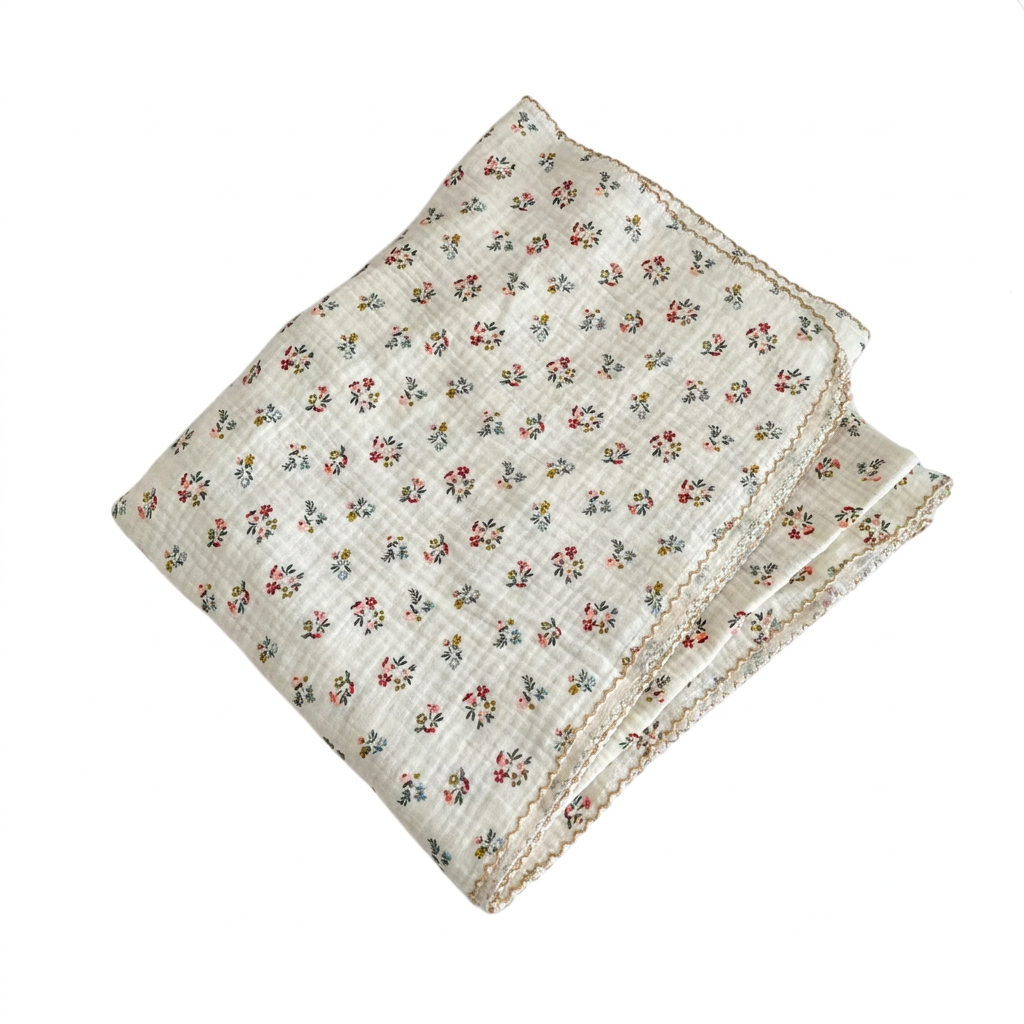 Folded red ditsy floral 2-layer cotton muslin swaddle blanket on a pure white background.