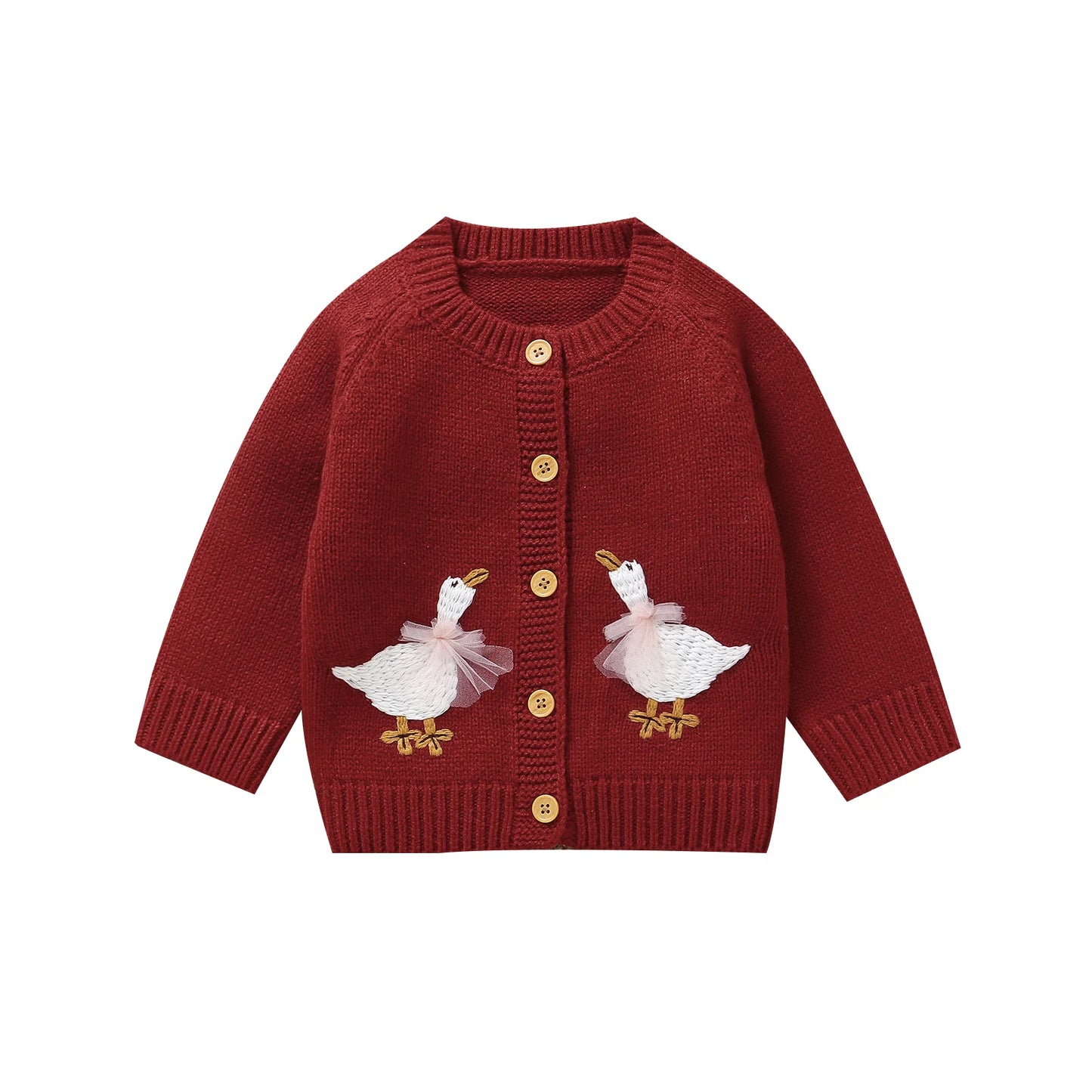 Red baby and toddler girls knit cardigan sweater featuring two embroidered geese, flat lay on a white background.