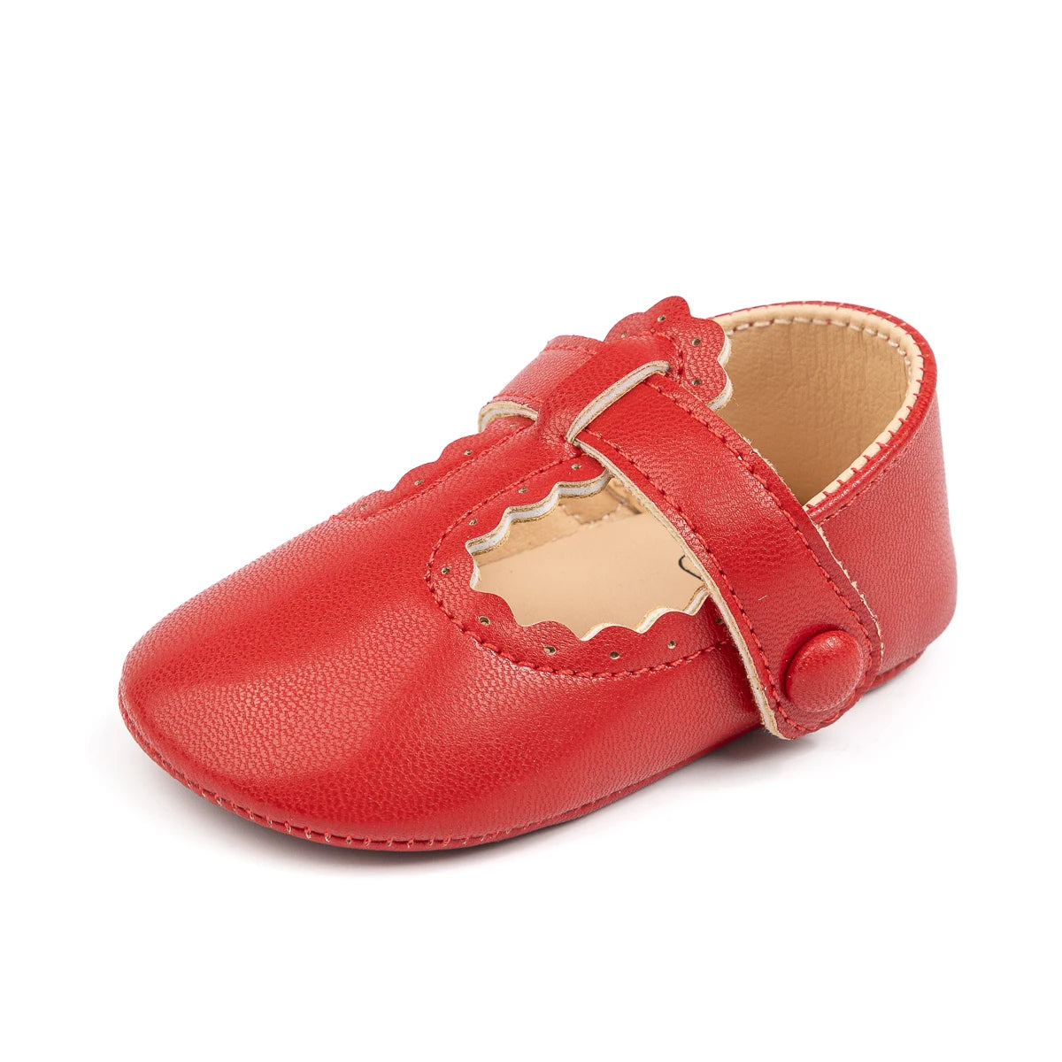 Single red PU leather infant T-strap Mary Jane shoe viewed from a slight front angle.