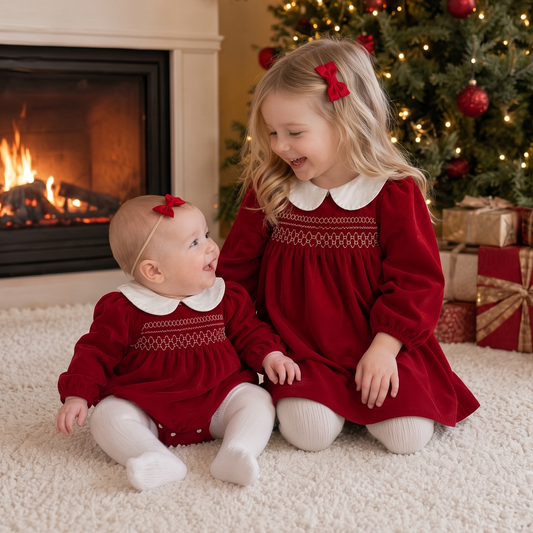A baby girl in a red smocked bubble romper and a toddler girl in a matching red dress sitting on the floor in front of a warm fireplace and decorated Christmas tree.