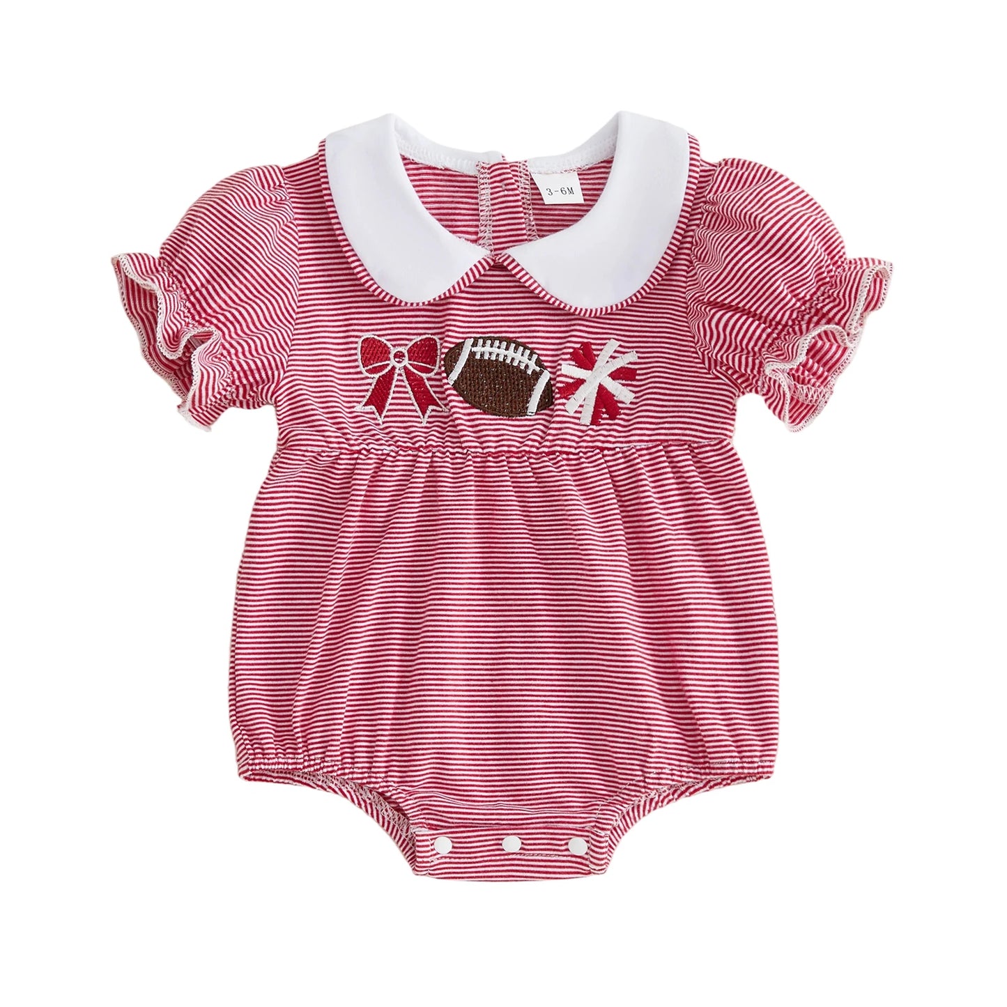 Flat lay of a baby girl's red and white striped short-sleeve bubble romper featuring a white Peter Pan collar and football, cheer pom-pom, and bow embroidery on the chest.