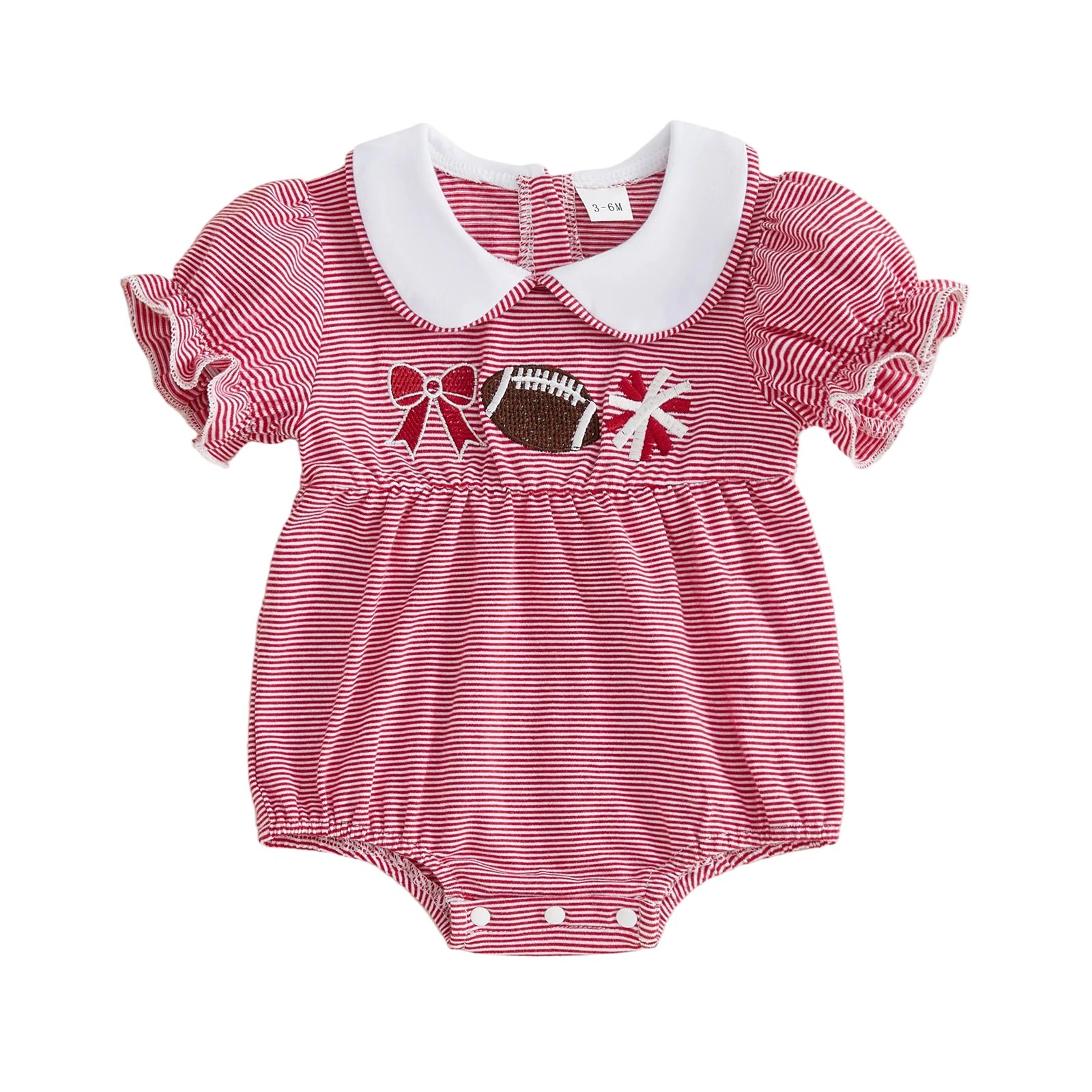Flat lay of a baby girl's red and white striped short-sleeve bubble romper featuring a white Peter Pan collar and football, cheer pom-pom, and bow embroidery on the chest.