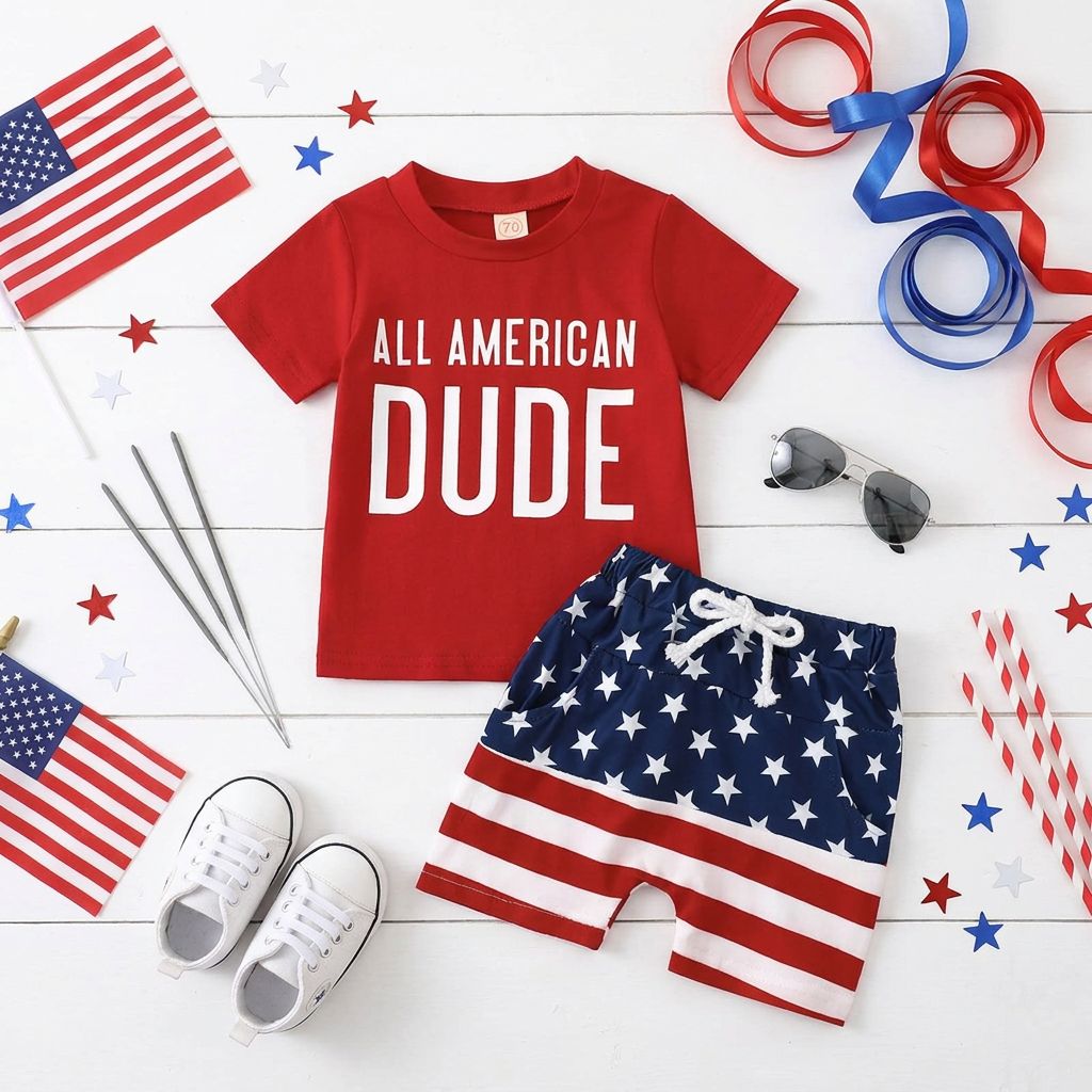 Flat lay of the red "All American Dude" toddler boys outfit styled with American flags, star sunglasses, and white sneakers.