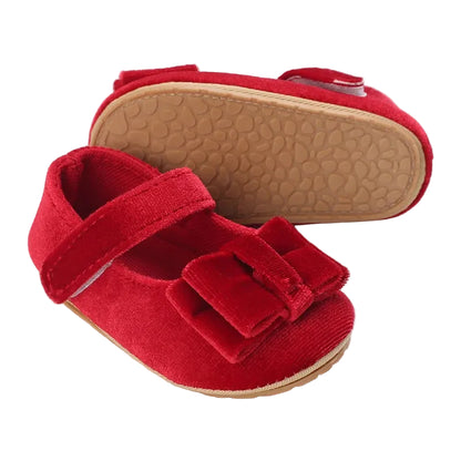 Red velvet baby girl Mary Jane dress shoe showing soft non-slip grip sole for toddler first walkers