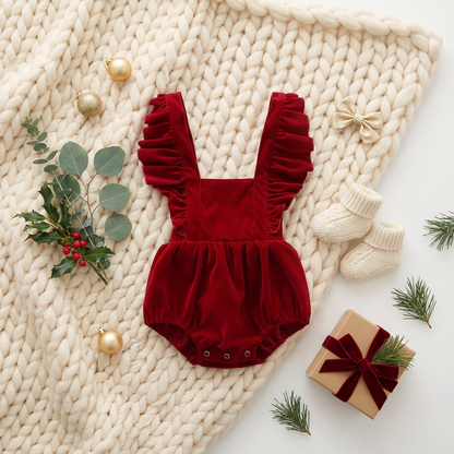 Flat lay of a baby girls red velvet-feel holiday romper placed on a chunky white knit blanket, styled with cozy knit baby booties, a small wrapped gift, and festive winter greenery.