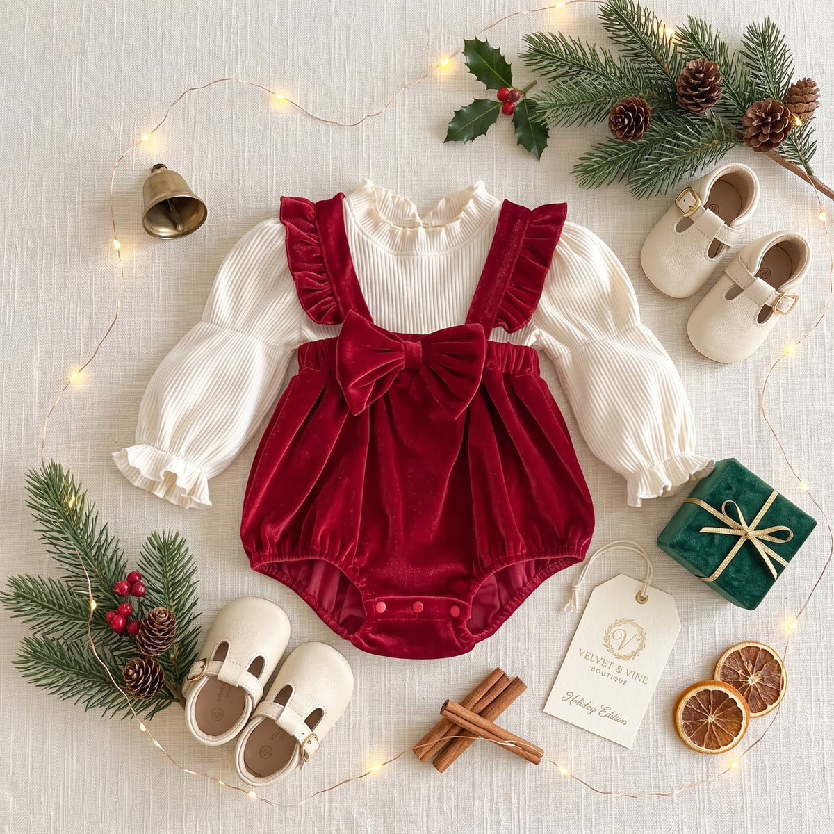 Flat lay view of baby red velvet suspender bubble romper set with holiday pine cone decor.