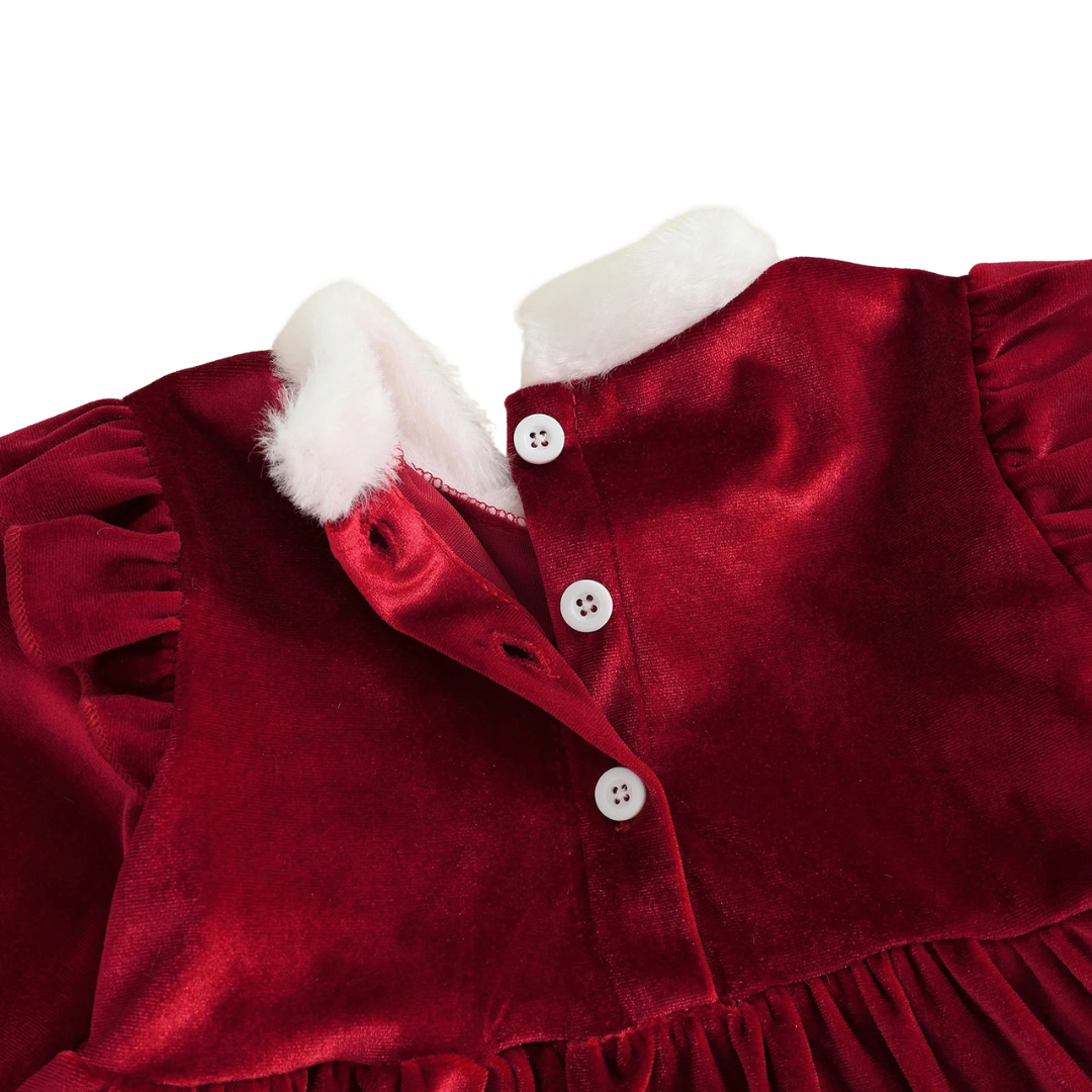 Detail view of white button closure and plush fur trim on back of Kidsely red velvet dress
