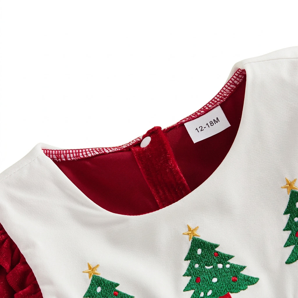 Close-up of white scalloped bib collar with embroidered green Christmas trees and neck button closure