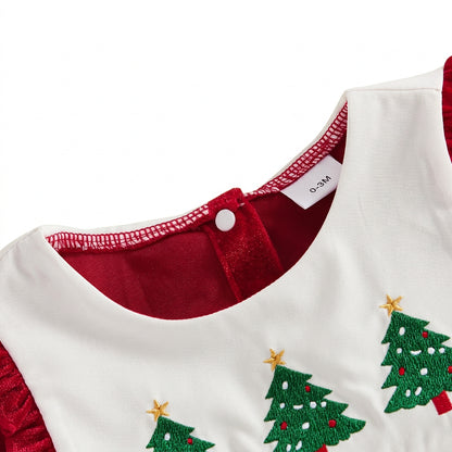 Close-up of white scalloped bib collar with embroidered green Christmas trees and back button closure