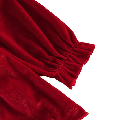 Close-up of the long sleeve elastic ruffled wrist cuff on the red velvet baby Christmas outfit