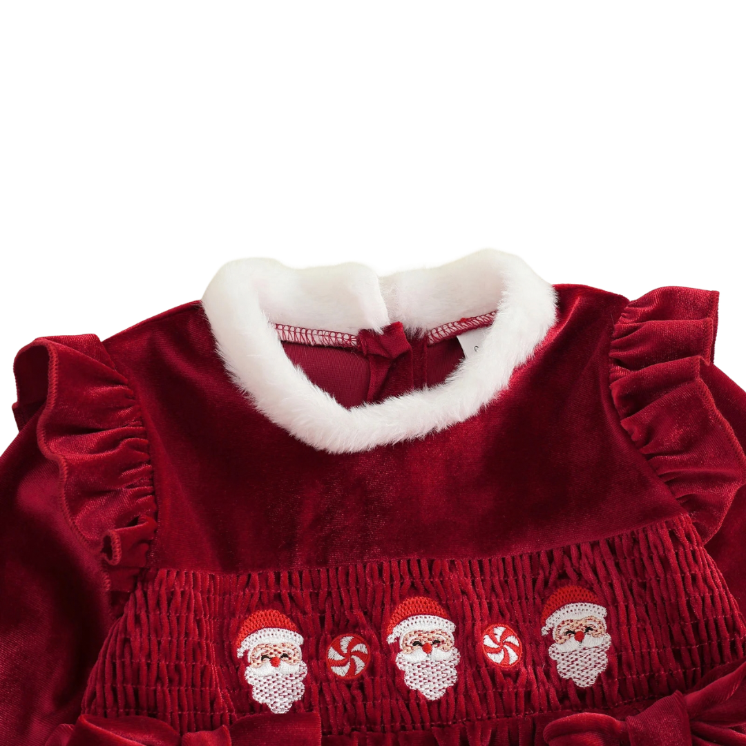 Close-up view of plush white faux fur neckline and chest detailing on Kidsely Christmas dress