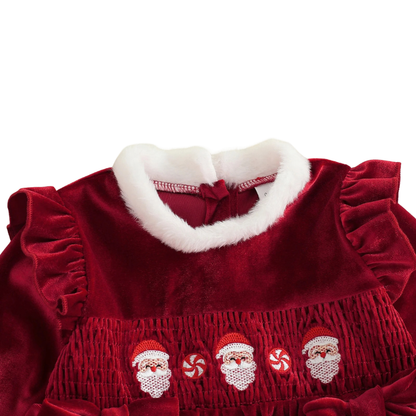 Close-up view of plush white faux fur neckline and chest detailing on Kidsely Christmas dress