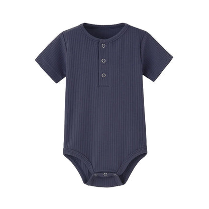 Midnight navy blue ribbed cotton stretch baby boy romper with durable bottom snaps.
