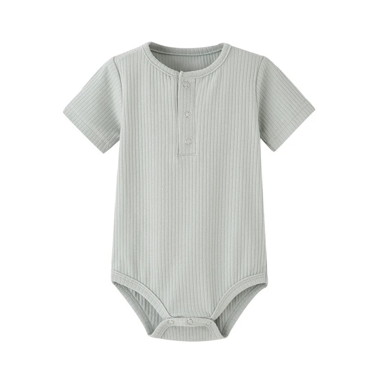 Muted sage green ribbed short sleeve romper for baby boys, premium 95% cotton stretch fabric.