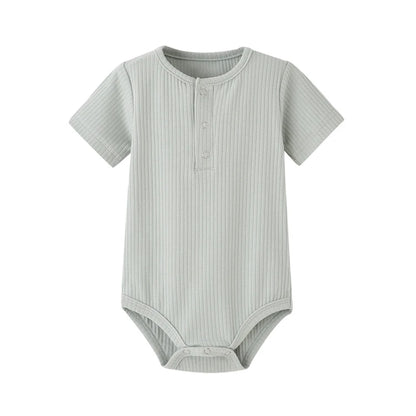 Muted sage green ribbed short sleeve romper for baby boys, premium 95% cotton stretch fabric.