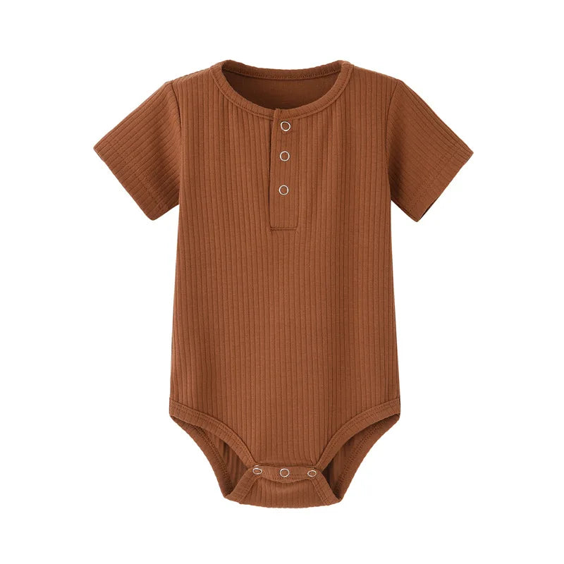 Terracotta rust earthy brown ribbed baby boy romper, perfect for a boho baby shower gift