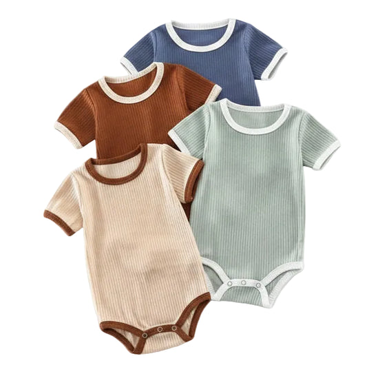 Kidsely Earth Tones Collection: Four premium ribbed cotton baby boy rompers in Wild Sage, Dusty Indigo, Oatmeal Milk, and Roasted Mocha.