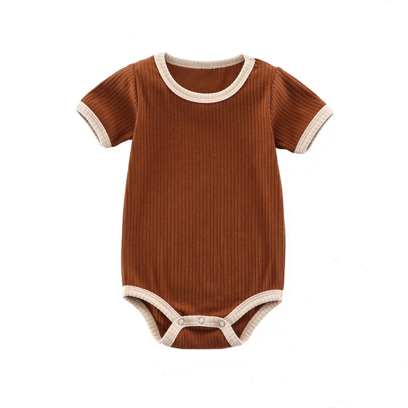 Kidsely Roasted Mocha: Full front view of the earth-tone brown ribbed baby boy romper featuring a modern boutique aesthetic.