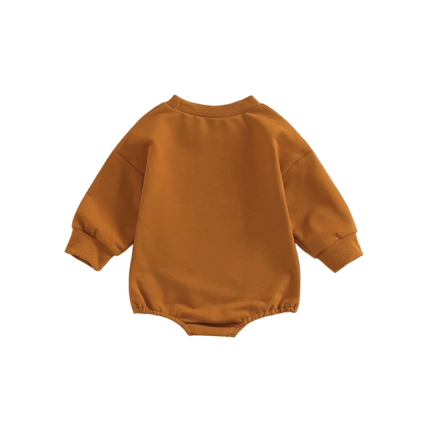 Back view of the solid rust colored long sleeve baby sweatshirt bubble romper.