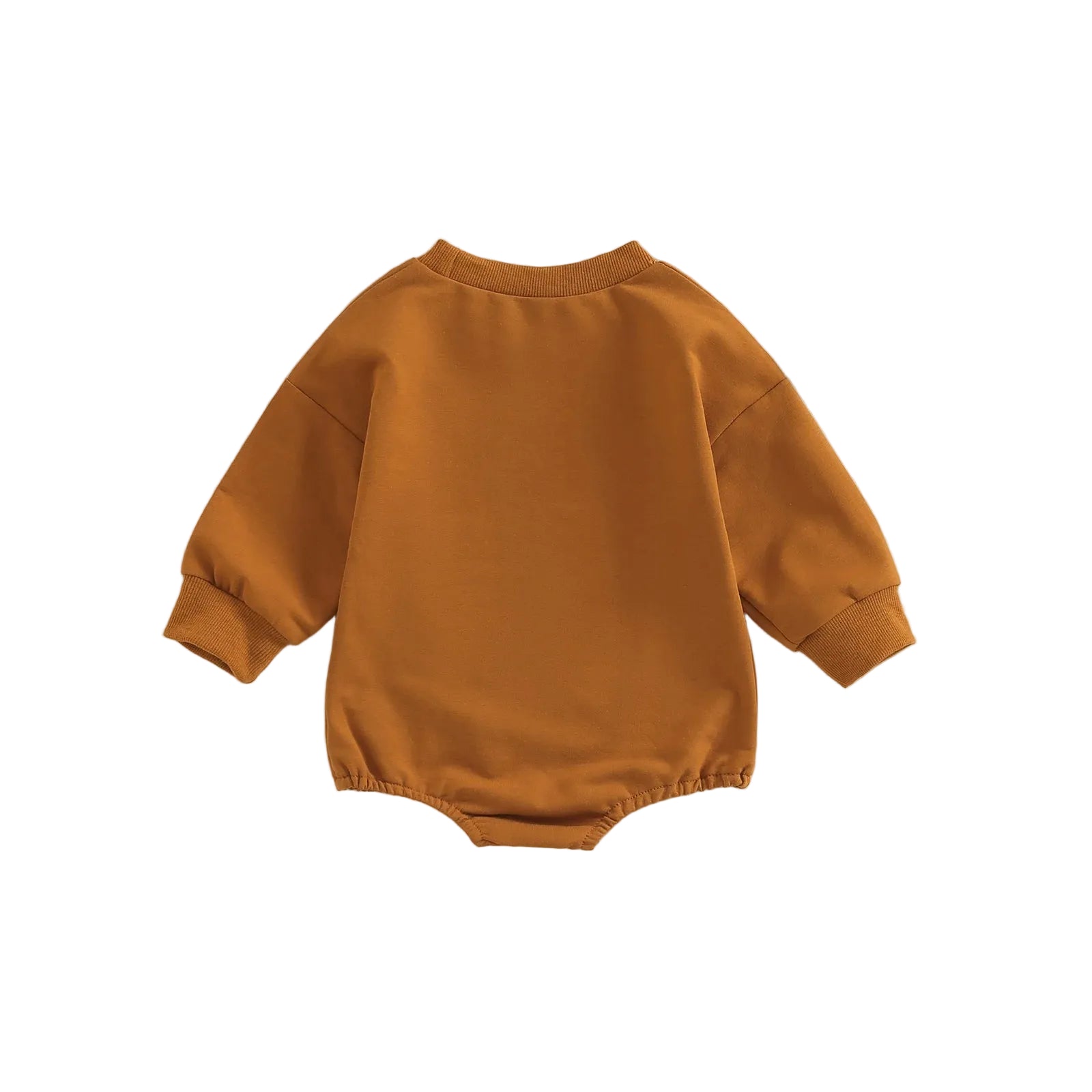 Back view of the solid rust colored long sleeve baby sweatshirt bubble romper.
