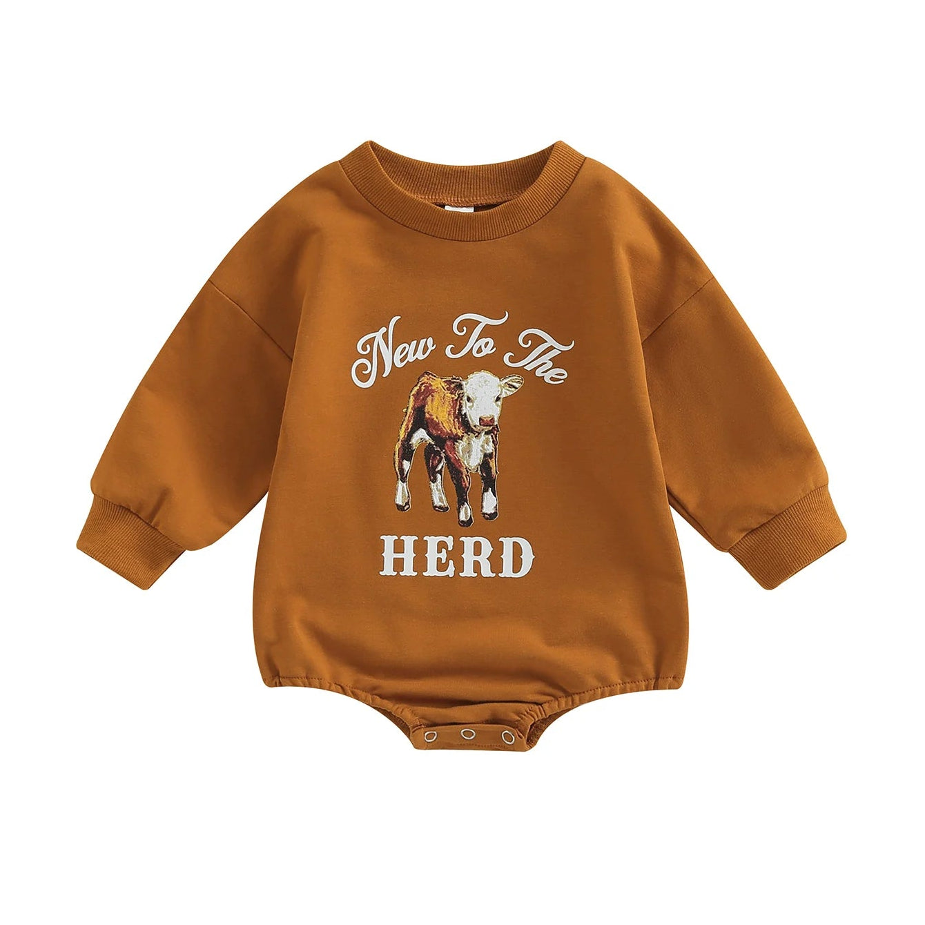Rust colored long sleeve baby bubble romper featuring a calf graphic and the text New To The Herd.