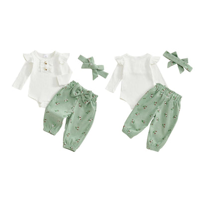 Front and back view of the baby girl 3-piece outfit featuring a white long-sleeve bodysuit and sage green floral corduroy pants.