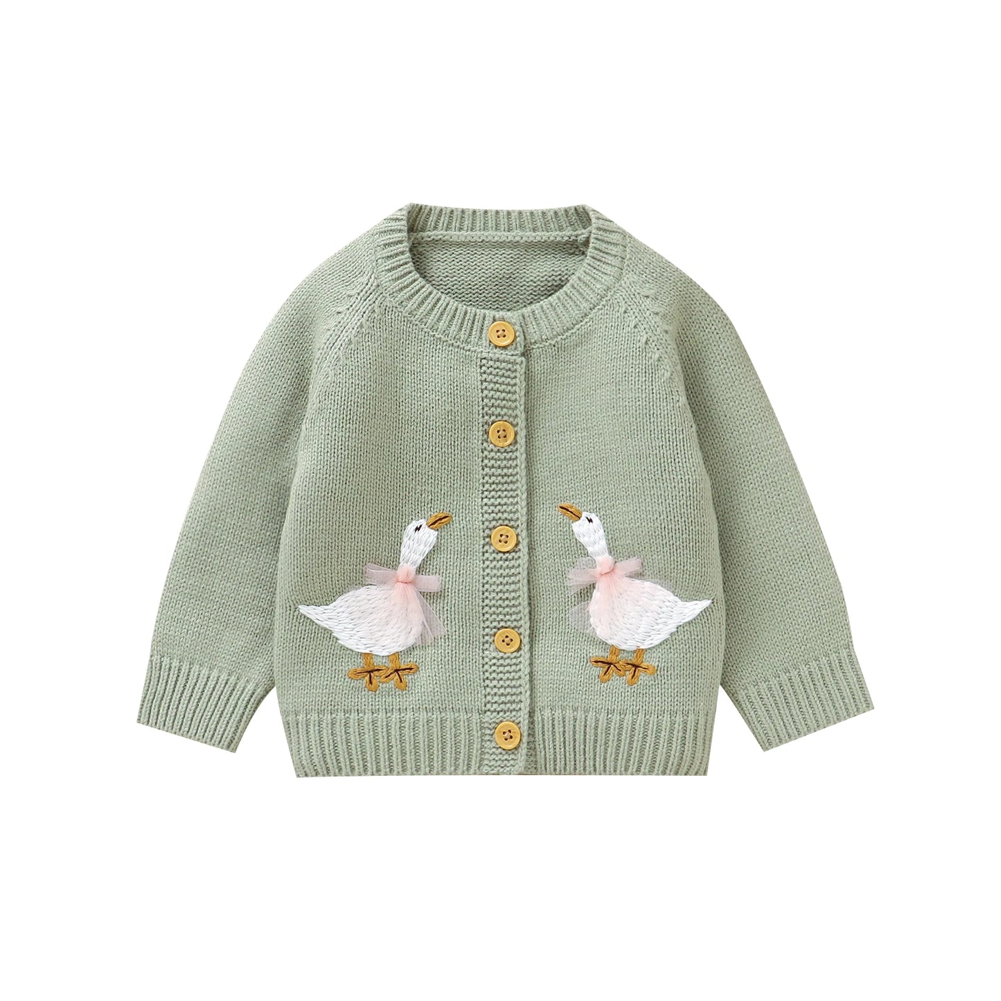 Sage green baby and toddler girls knit cardigan sweater featuring two embroidered geese, flat lay on a white background.