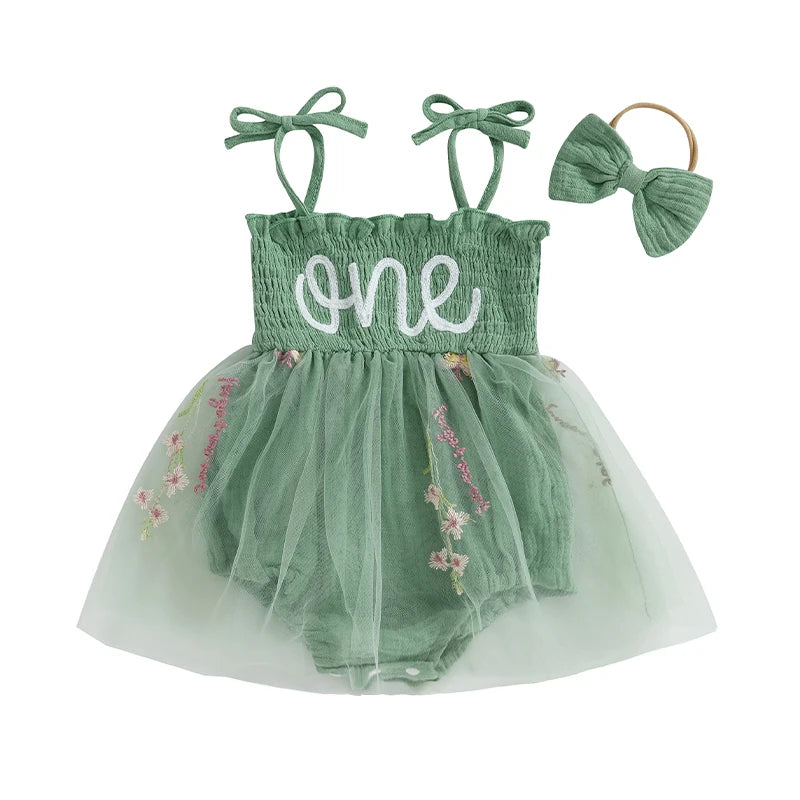 Alternate front view of the enchanted fairy garden romper for baby girls with embroidered floral tulle overlay and matching headband.