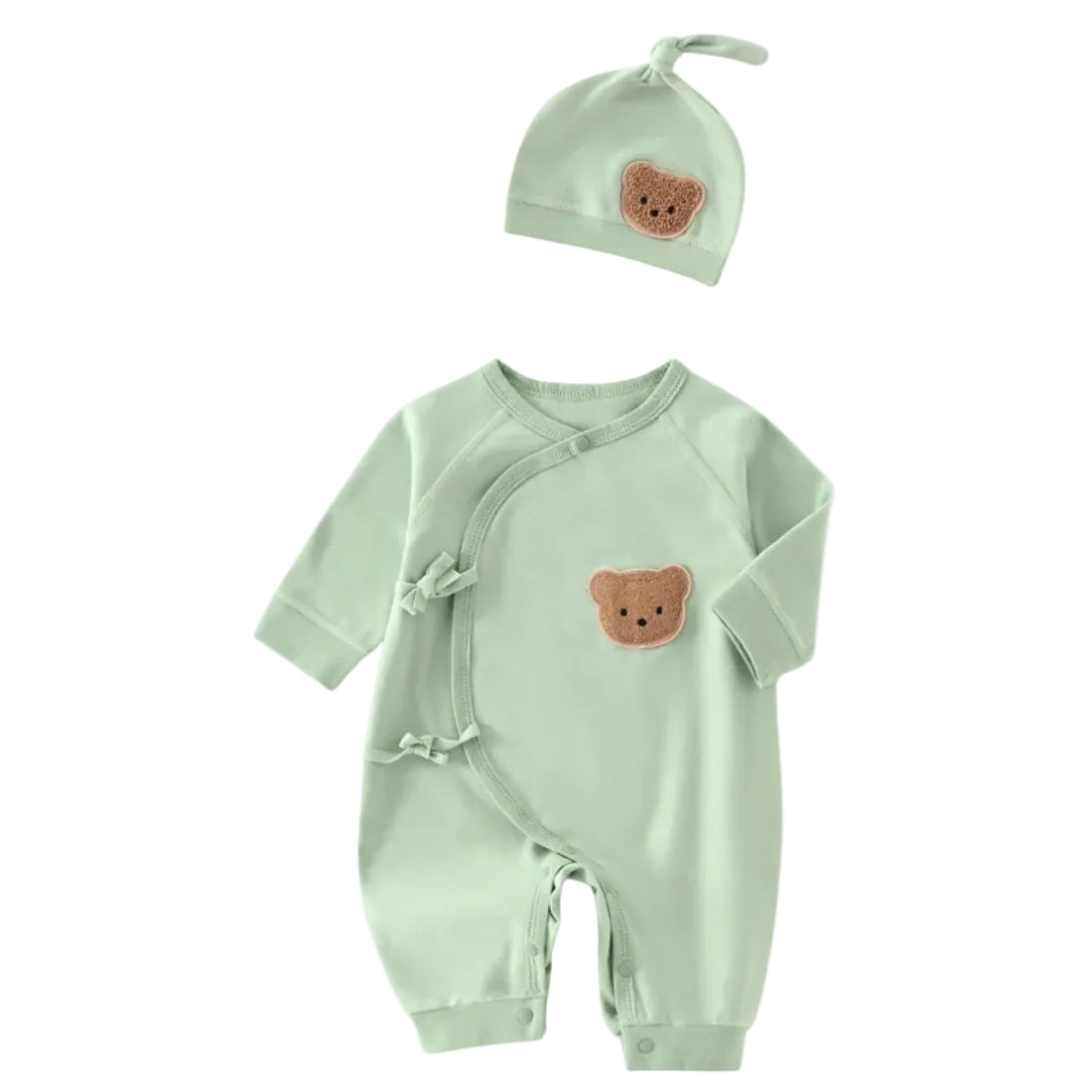 Sage green unisex baby romper with a kimono tie closure and matching teddy bear newborn hat.