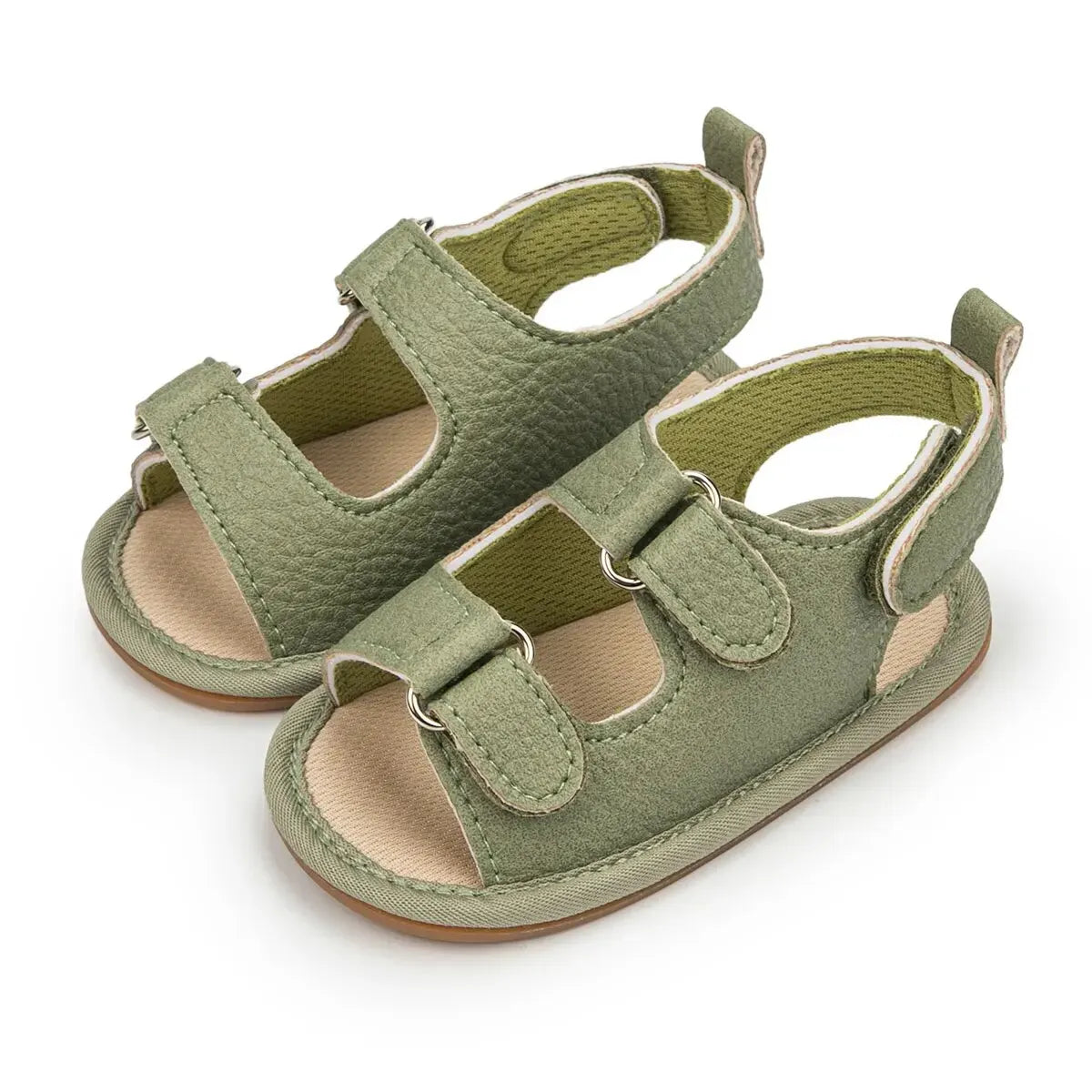 Sage green soft-touch synthetic leather infant sandals with a flat heel design for comfortable first steps.