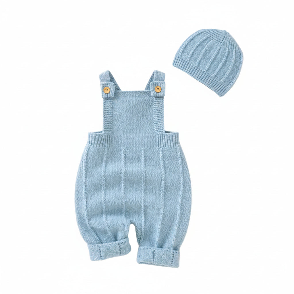 Baby Blue seamless knit overalls and matching ribbed hat set displayed on a clean white background.