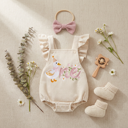 Flat lay of baby girl Silly Goose 1st birthday embroidered ruffle romper, headband, and baby booties decor.