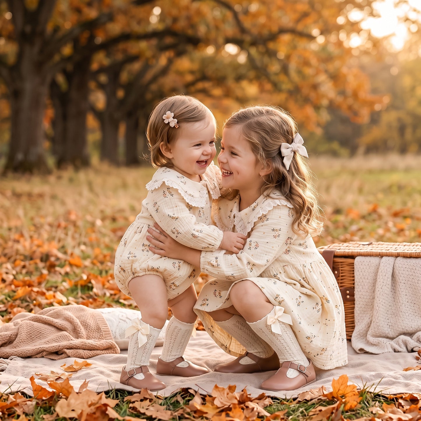 Two young sisters hugging outdoors in fall family photo shoot wearing matching floral cottagecore dress and baby bubble romper.