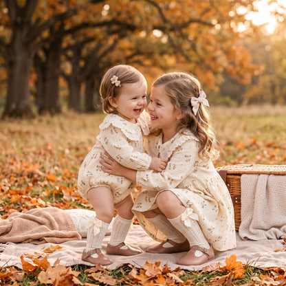 Two young sisters hugging outdoors in fall family photo shoot wearing matching floral cottagecore dress and baby bubble romper.