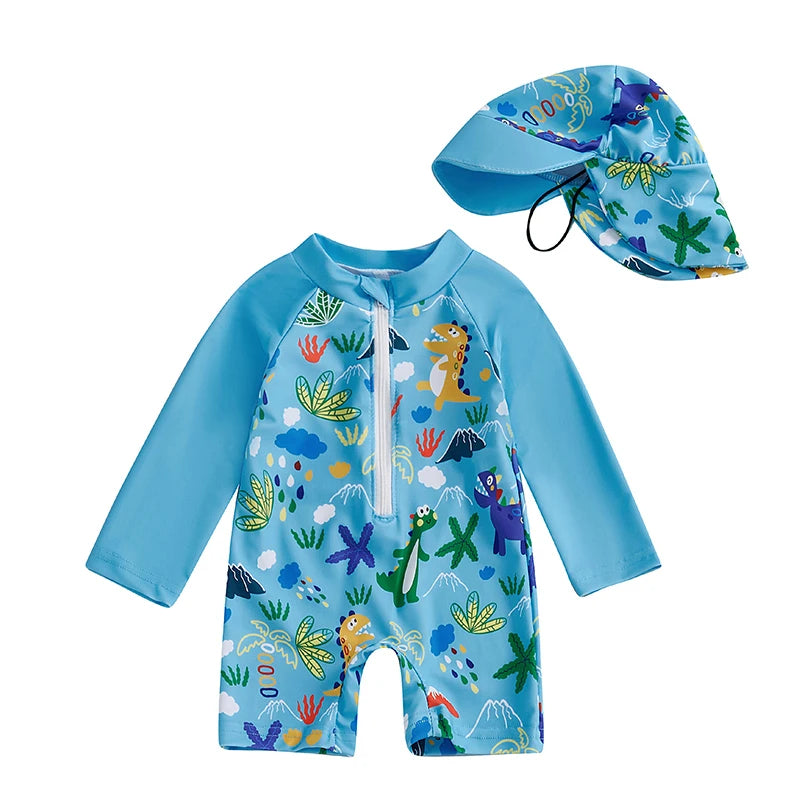 Premium 2-piece sky blue dinosaur print toddler rash guard swimsuit set with coordinating sun-safe hat, designed for maximum UV protection.